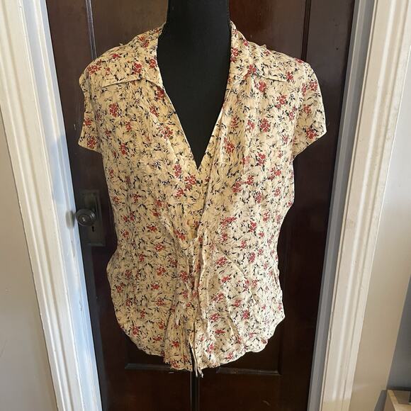 Nine West Tops - NINE WEST Nude Black 100% Silk Floral Button Up Top Short Sleeve Womens 14